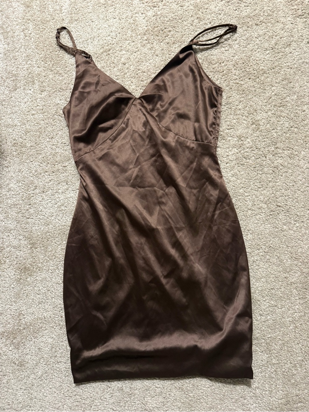 Fashion Nova Brown Satin V-Neck Slip Mini Dress